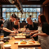 Sushi enthusiasts roll their own creations in an expert-led sushi class, capturing London’s love for Japanese cuisine.