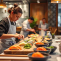 Individuals of all ages immerse in sushi-making in London, learning tips from a pro chef in a welcoming atmosphere.